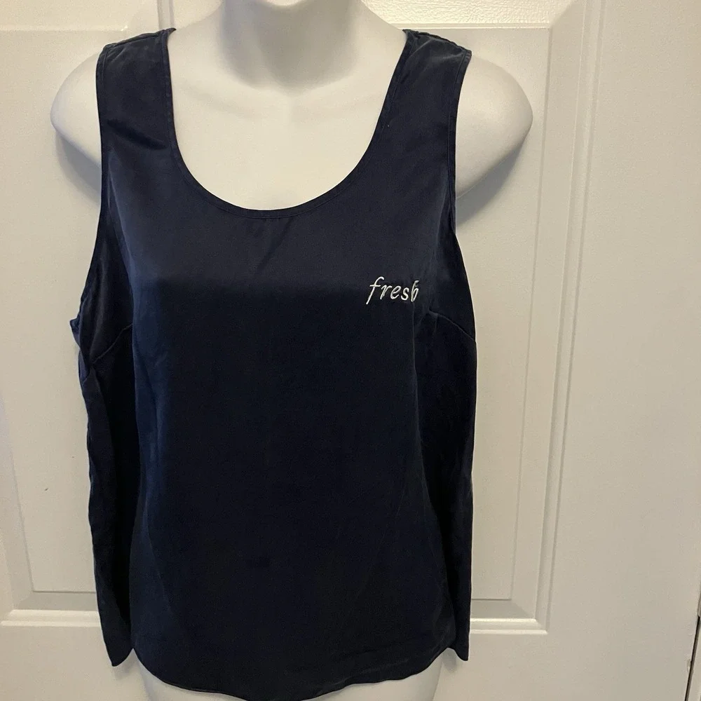 Lunya Sz Medium 100% Silk Navy Blue Pajama Shirt Tank Top Tulip Back Good In Bed